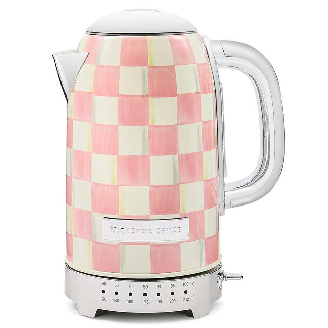 MACKENZIE-CHILDS Electric Kettle, Stainless-Steel Tea Kettle, Pink-and-White Rosy Check