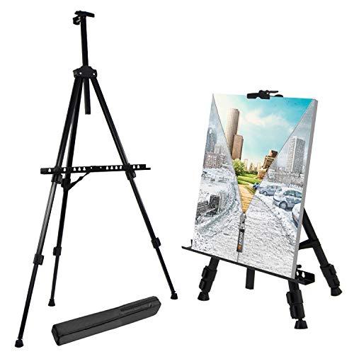 T-SIGN 66 Inches Reinforced Artist Easel Stand, Extra Thick Aluminum Metal Tripod Display Easel 21 to 66 Inches Adjustable Height with Portable Bag for Floor/Table-Top Drawing and Displaying