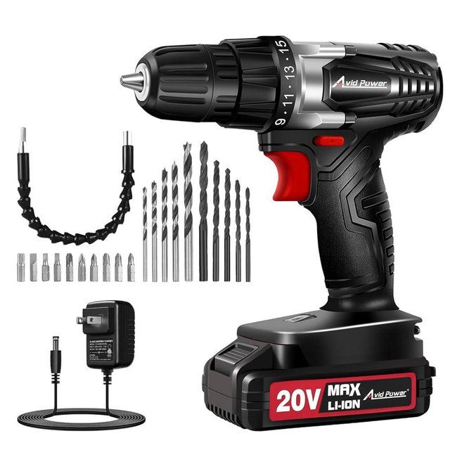 AVID POWER 20V Cordless Drill Set for Home DIY & Beginner Projects - Lightweight Power Drill with Battery & 22 Accessories, 3/8" Keyless Chuck, Ideal for Furniture Assembly & Household Repairs (Black)