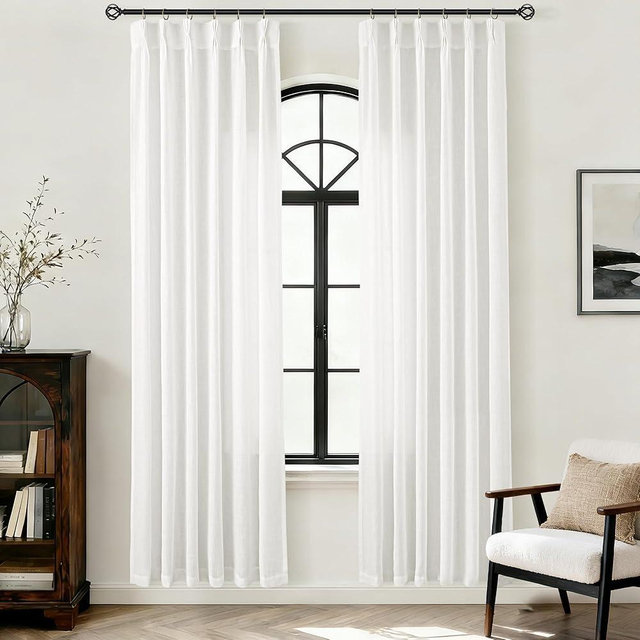 White Semi Sheer Linen Curtains 78 Inches Long for Living Room Light Filtering Boho Elegant Country Window Treatments Pinch Pleated Neutral Drapes with Hooks for Bedroom 2 Panels Set 40x78