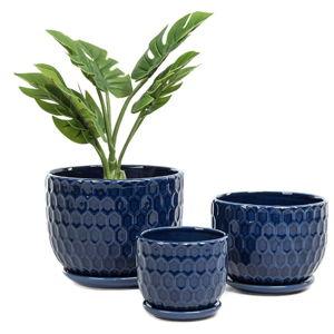 Ceramic Flower Pots with Drainage Hole and Saucer, North European Style Round Indoor Succulent Planters with Honeycomb Inspired Texture Design, Small to Medium-Sized, Set of 3, Navy Blue