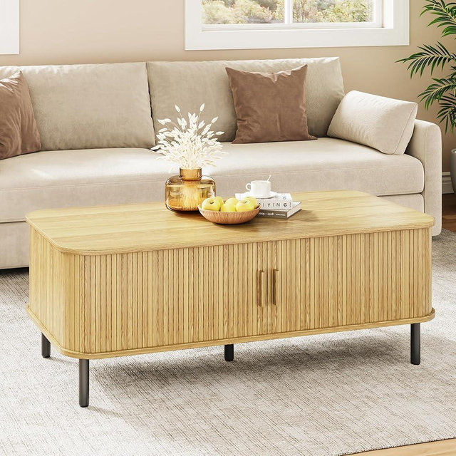 Coffee Table with Storage, 47.2" Mid Century Modern Coffee Tables for Living Room, Rectangle Wood Center Table with Sliding Tambour Door & Adjustable Leg for Living Room, Oak
