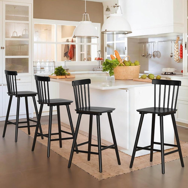 LUE BONA Windsor Wooden Bar Stools Set of 4 for Kitchen Island, Farmhouse 26 Inch Counter Height Stools Chairs with Spindle Back, Black
