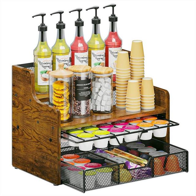 Tiaoheka Coffee Pod Holder with Drawer & Dividers, 4-Tier Wood K Cup Organizer for Countertop, Coffee Bar Organizer Storage Box, Coffee Station Organizer for Kitchen Coffee Station