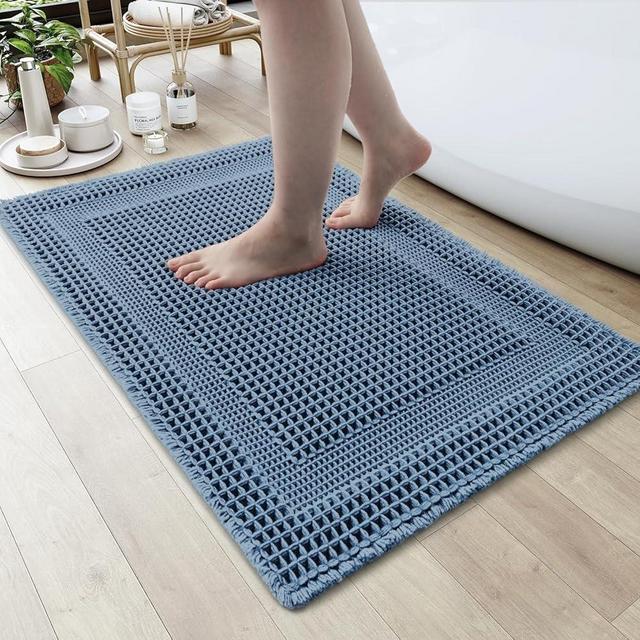 AMOAMI Waffle Bath-Mat, Absorbent Bath Mats for Bathroom Non Slip, Machine Washable Bathroom Rugs with Tassels Ultra Soft Boho Bath Rugs 17"x24" Blue