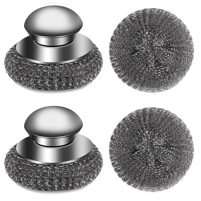 4pcs Steel Wool Scrubber with Replacement Wire Pads Set, Stainless Steel Scrubber with Handle for Scouring Stubborn Messes from Cast Iron, Pots, Pans, Grill, Stoves, Sink(2 Scrubber+2 Pads)