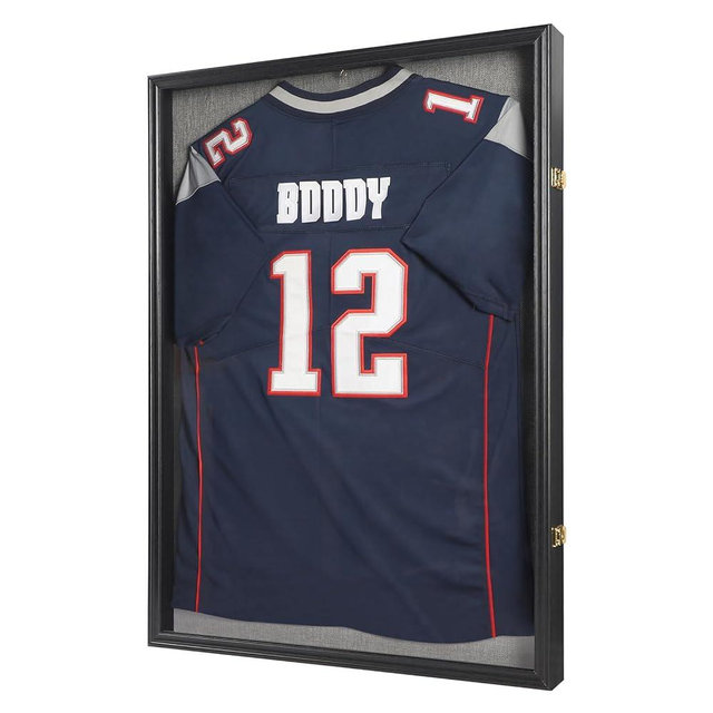 IHEIPYE Large Jersey Frame Display Case Lockable, Sport Jersey Shadow Box with 98% UV Protection Acrylic and Hanger for Baseball Basketball Football Soccer Hockey Sport Shirt and Uniform, Linen Black