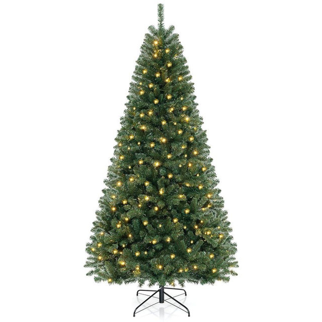 Goplus 8ft Pre-Lit Christmas Tree, Artificial Hinged Xmas Tree with 400 Warm White LED Lights, 8 Lighting Modes & Gloves, 1182 PVC Branch Tips, for Home Office Decoration