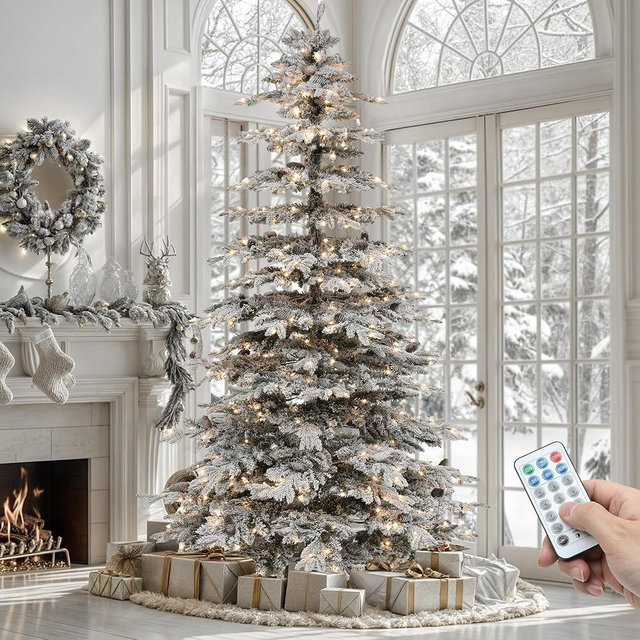 YITAHOME Pre-Lit Mountain Pine Flocked Christmas Tree with Remote, 7.5FT Pre-Decorated Hierarchical Tower Flocked Christmas Tree, 1278 Branch Tips, 550 Lights, 55 Pine Cones for Party Home Deco