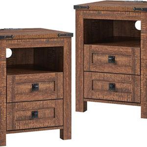 T4TREAM Farmhouse Nightstand Set of 2 with Charging Station, Rustic End Table with 2 Drawers, Storage Open Shelf for Bedroom, Living Room, Wood Side Table, Reclaimed Barnwood