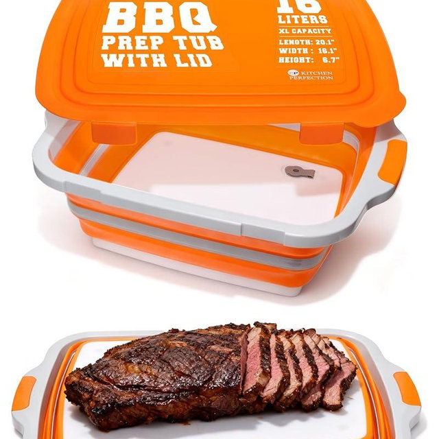 KITCHEN PERFECTION Collapsible XL Smoker & BBQ Prep Tub with Locking Lid & Cutting Board - Grill Caddy Container for Meat Marinating & Brine Perfect For Brisket, Turkey & Ribs - Best Gift For Men