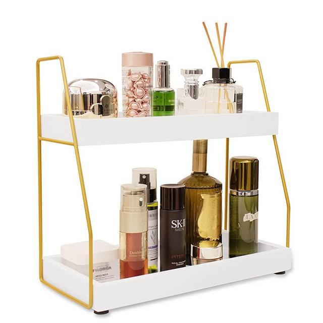 ZGO 2-Tier Bathroom Counter Organizer, Wood Bathroom Organizer Countertop Vanity Organizer Bathroom Tray, Kitchen Spice Rack Counter Shelf Organizers and Storage(White)