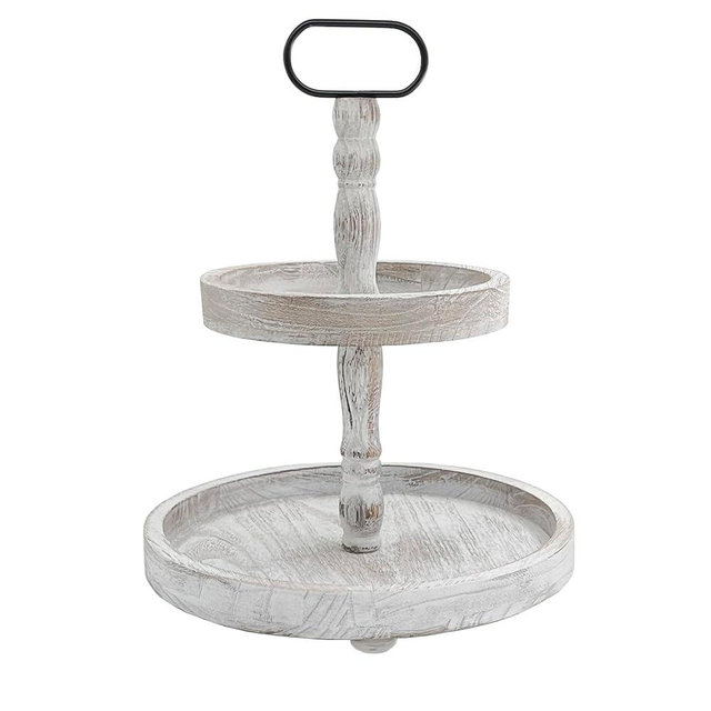 ouosawa Farmhouse 2 Tiered Tray Stand for Home Decor, Wooden Serving Tiered Tray for Coffee Bar Table Centerpiece, Decorative Trays Kit for Countryside, Round Rustic Stand for Cake Cupcake(White)