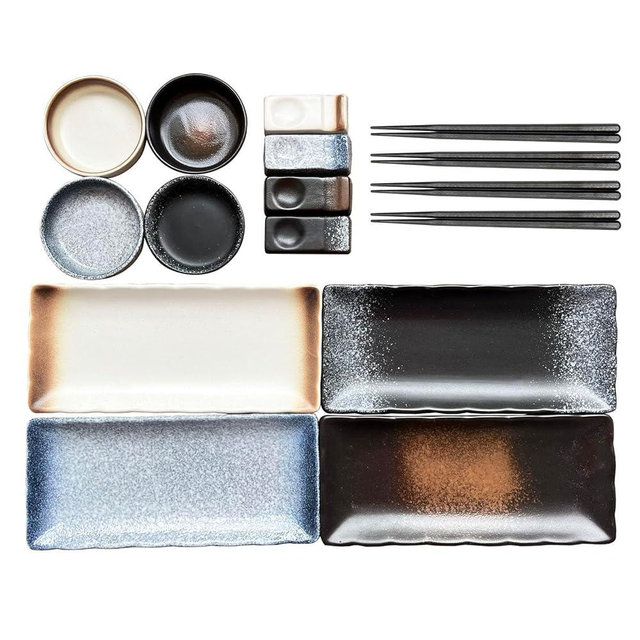 FYUEROPA 16 Pcs Sushi Plates with Sauce dish, Chopsticks and Chopsticks Holder, Ceramic Rectangular Platters Serving Trays Set, Sushi Dishes, Japanese Dinnerware Set