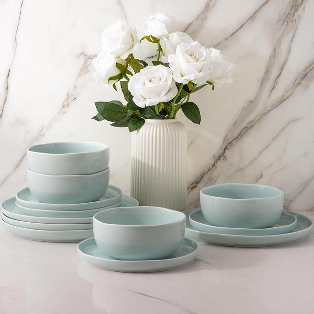 AmorArc Ceramic Dinnerware Sets, Wavy Rim Stoneware Plates and Bowls Sets, Highly Chip and Crack Resistant | Dishwasher & Microwave Dishes set, Service for 4 (12pc)