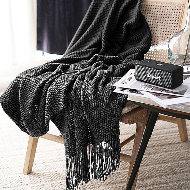 LOMAO Knitted Throw Blanket with Tassels Bubble Textured Lightweight Throws for Couch Cover Home Decor (Black, 60x90)