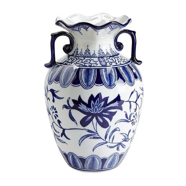 Scalloped Floral Blue & White 12.5" Porcelain Vase