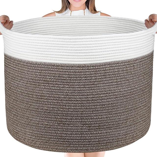 AivaToba Large Cotton Rope Basket, Blanket Basket for Living Room，22" x 22" x 14" Woven Laundry Basket with Handles, Toy Basket for Stuff Animal, Storage Basket for Towel, Pillows, Clothes