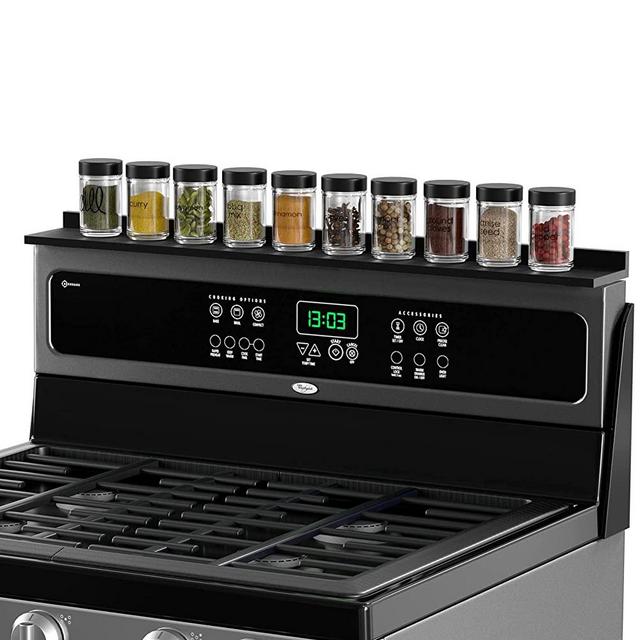 Stove Top Shelf Bamboo Shelf for Kitchen Stove, Stove Accessories for Kitchen Storage with Easy Installation Required Fits Standard 30 inch stove width（Black）