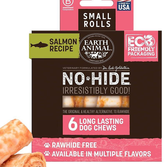Earth Animal No Hide Chews - Long Lasting Rawhide Free Small Dog Chews Rolls, Salmon - 6 Count