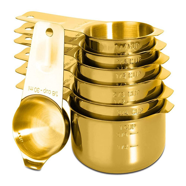 Set of 7 Heavy Duty Measuring Cups, 18/8 Stainless Steel with Ring Connector, Gold