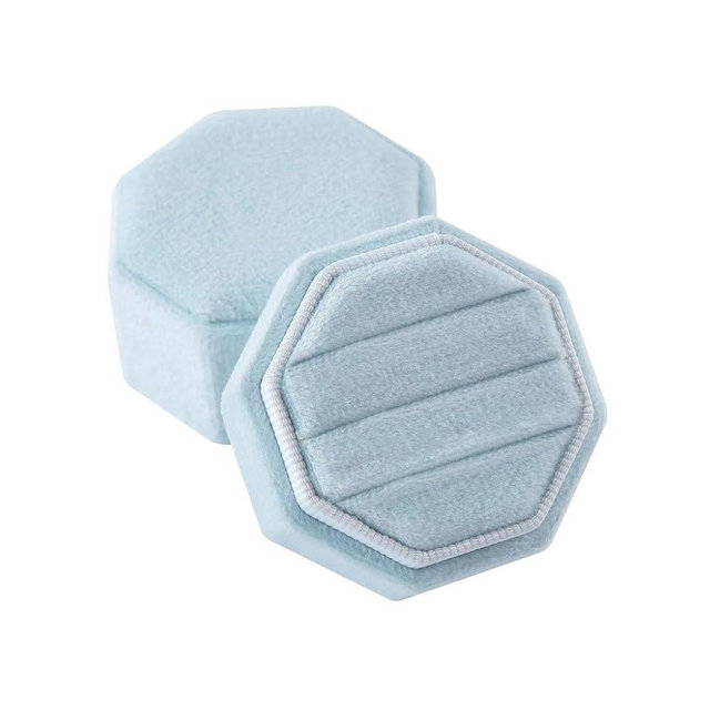 JZTang Velvet Ring Box Octagon Shape 3 Slots Jewelry Box Triple Slots Ring Box Display Holder Elegant Jewelry Storage Box Gift for Proposal Engagement Anniversary Ceremony (Light Blue)