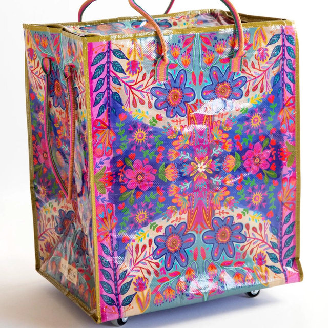 Rolling Tote Bag - XL Royal Blue Folk Flower