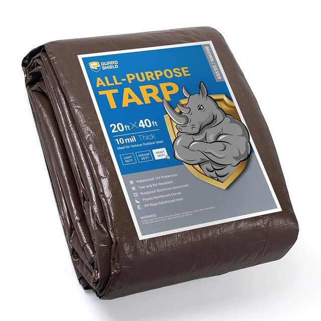 GUARD SHIELD Tarps Heavy Duty Waterproof 20x40 Feet Brown/Bright Silver Poly Tarp Cover Square Outdoor Thick UV Resistant Tarpaulin with Grommets 10mil