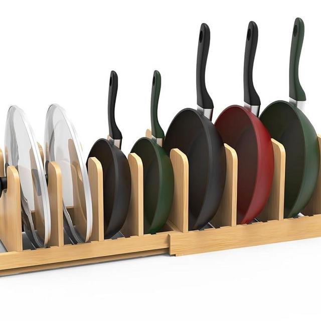 Bambition Expandable Pot Lid Organizer with 10 Adjustable Dividers, Bamboo Pots and Pans Organizer Under Cabinet, Kitchen Cookware Holder Rack