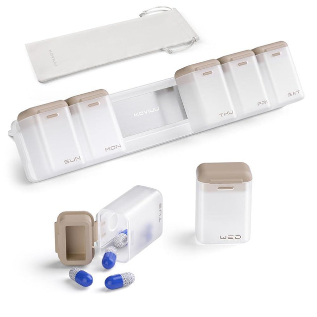 KOVIUU Weekly Pill Organizer Magnetic, Removable Pill Box 7 Day 1 Time a Day, Large Pill Case Travel, Week Once Daily Medication Dispenser, Medicine Container Holder for Supplement Vitamin, Brown