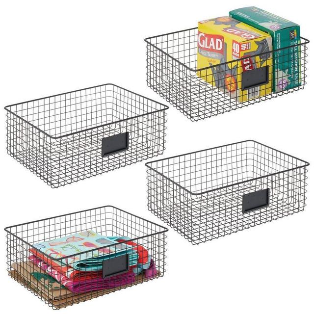 mDesign Farmhouse Decor Metal Wire Food Organizer Storage Bin Baskets with Label Slot for Kitchen Cabinets, Pantry, Bathroom, Laundry Room, Closets, Garage - 4 Pack - Matte Black