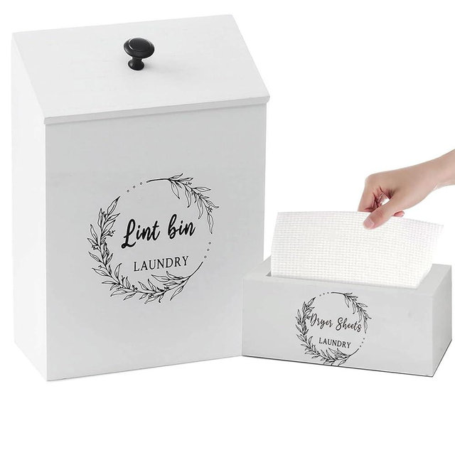 Magnetic Lint Bin and Dryer Sheet Holder Set for Laundry Room, Farmhouse Wooden Lint Trash Can with Lid and Dryer Sheet Dispenser Box Magnetic for Mounting on Dryer,Stylish Laundry Room Organiz(White)