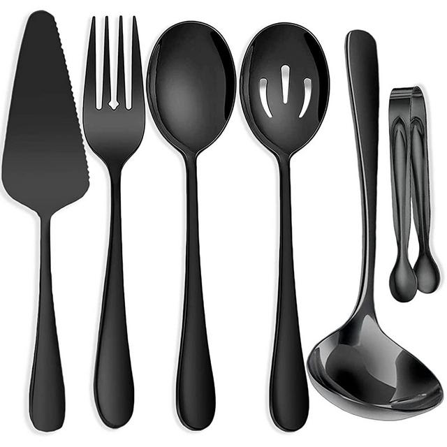 IAXSEE 6 PCS Stainless Steel Serving Utensils, Large Serving Spoons Slotted Spoons, Forks, Ice Suger Tongs, Cake Server, Soup Ladle, Metal Utensils Set Great for Buffet Catering Banquet Party, Black