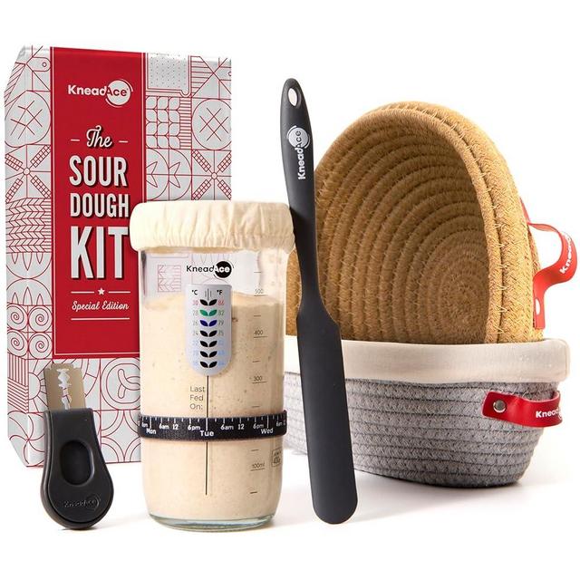 KneadAce Complete Sourdough Starter Kit, 24oz Sourdough starter Jar, Cotton Rope Proofing Baskets Bannetons, Bread Lame for scoring, Perfect as Sourdough Bread Baking supplies & Gifts for Bakers