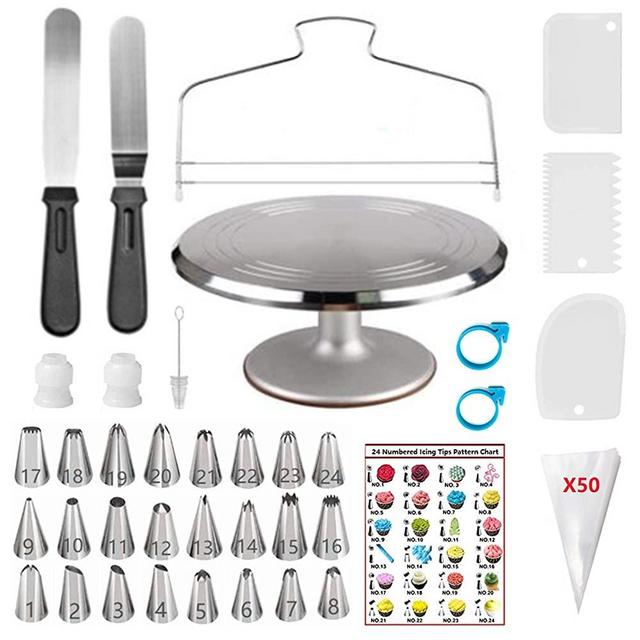 ANSLYQA 87 Pcs Cake Decorating Kit with Aluminium Alloy Rotating Cake Turntable,Cake Leveler,24 Numbered Icing Tips,2 Coupler,2 Spatulas,3 Comb Scrapers,50 Disposable Pastry Bags