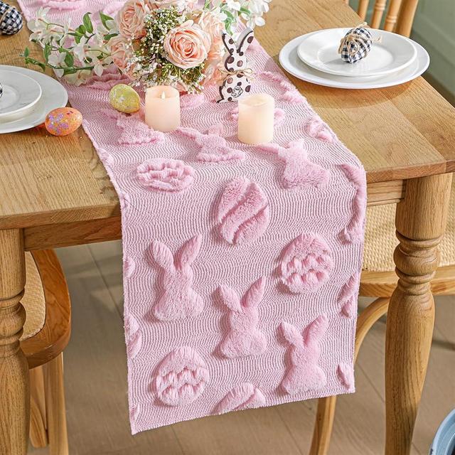 Windkream Easter Table Runner Decor 13 x 72 Inch Pink Bunny Egg Soft Plush Faux Fur 3D Jacquard Table Runner Cute Rabbit Easter Spring Decorations for Kitchen Dining Seasonal Party Decor