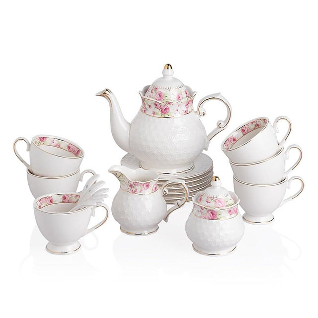 Sweejar 21 Pieces Porcelain Tea Set, Vintage Floral Gold Trimmed Teapot Cup and Saucer Set, Tea Cup for Loose Tea, Sugar Bowl and Creamer Pitcher with Spoons, Service for 6(Retro Flower)