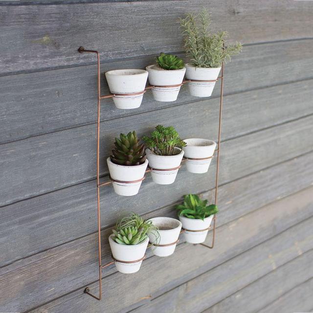 White Wash Clay Pots On Copper Wall Rack - Set of 9
