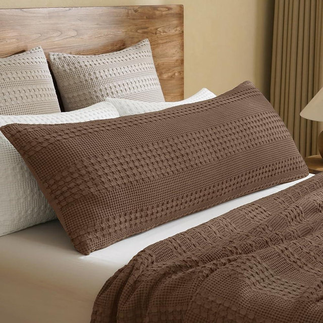 PHF 100% Cotton Waffle Body Pillowcase with Zipper, 1 Pack 20" x 54" Soft Skin-Friendly Pillow Sham, No Filling, Aesthetic Woven and Breathable Waffle Weave Body Pillow Cover for Bed, Chocolate