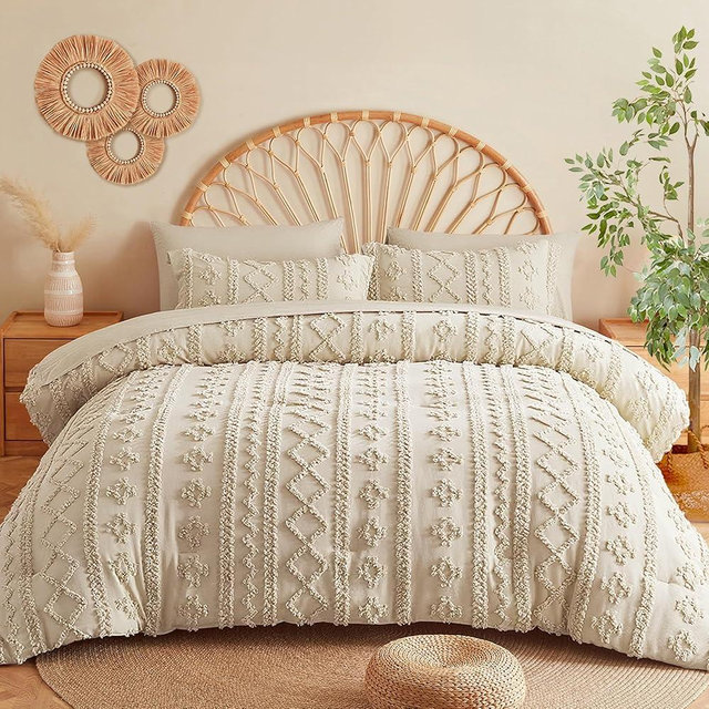 MR&HM King Size Comforter Set Beige, 7 Pieces Tufted Boho Beddding Sets, Farmhouse Style Bed in a Bag with 1 Comforter, 2 Pillow Shams, 2 Pillowcases, 1 Flat Sheet, 1 Fitted Sheet for All Seasons