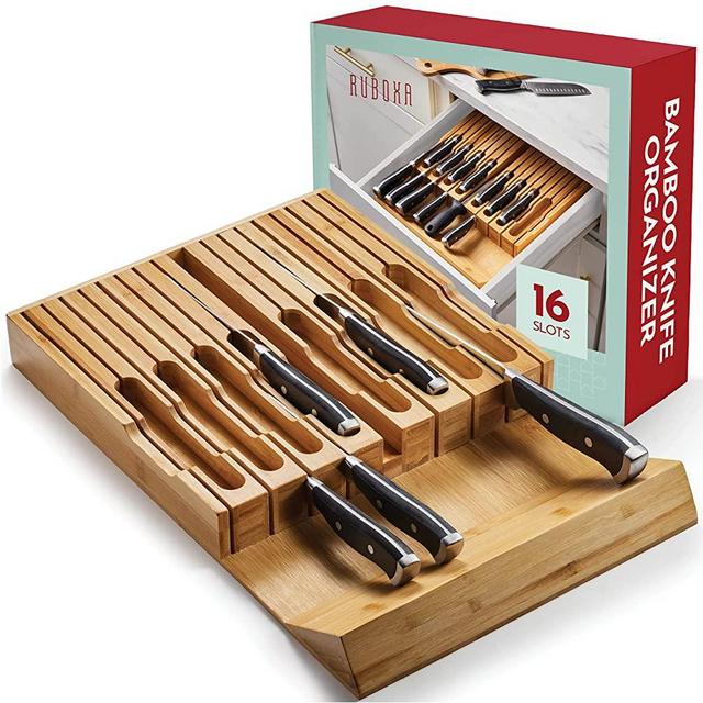 Premium Knife Drawer Organizer - 16 Knife Slots with a Sharpener Slot, 100% Bamboo Knife Organizer for Kitchen Organization, Durable, Secured, Convenient, Eco-Friendly, Knife Holder without Knives.