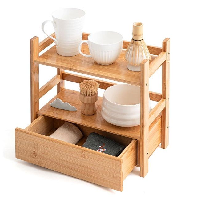 Chunful 2 Tier Matcha Station Bamboo Organizer with Hidden Drawer, Wood Home Coffee Station Organizer for Kitchen Countertops, Coffee Bars, Kitchen & Office Storage(13 L x 6.5 W x 12.6 H)(Natural)