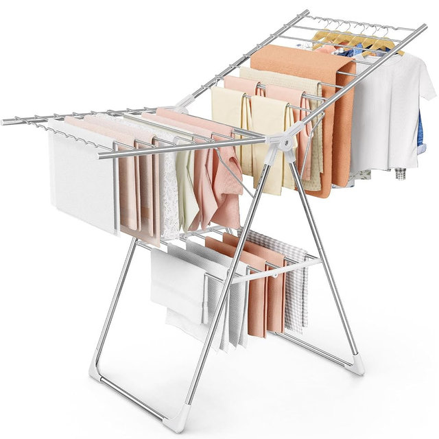 Sakugi Clothes Drying Rack with Height-Adjustable Wings, Metal Foldable Laundry Dryer Stand for Clothing & Bedding, Free-Standing Collapsible for Indoor & Outdoor Use, 55.5" L × 22.8" W, Silver White