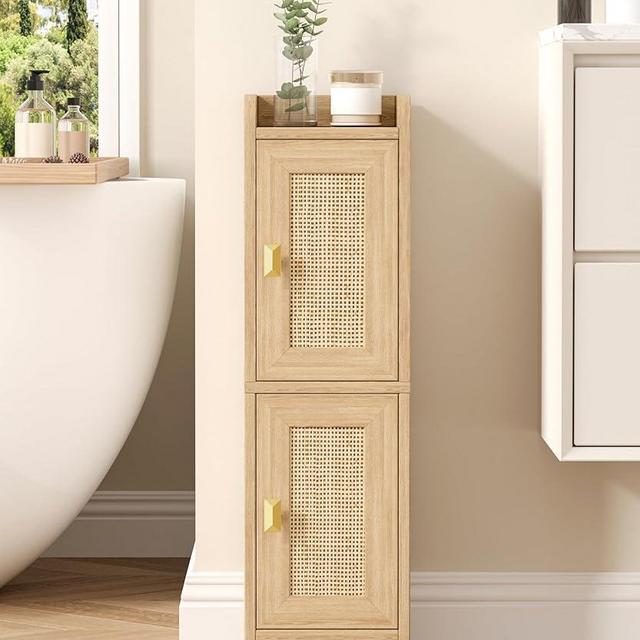 Akxomel Rattan Small Bathroom Cabinet with 2 Doors, Narrow Toilet Paper Storage Cabinet, Bathroom Organizer for Small Spaces, Wooden Slim Corner Floor Unit with Adjustable Shelves, Natural Oak