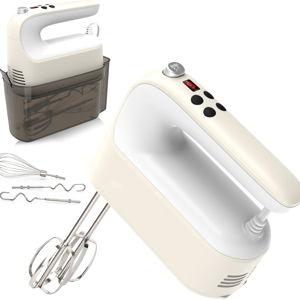 9-Speed Digital Hand Mixer Electric, Snap-On Storage Case, 5 Stainless Steel Accessories, Flat Beaters, Dough Hooks, Whisk (Cream White)