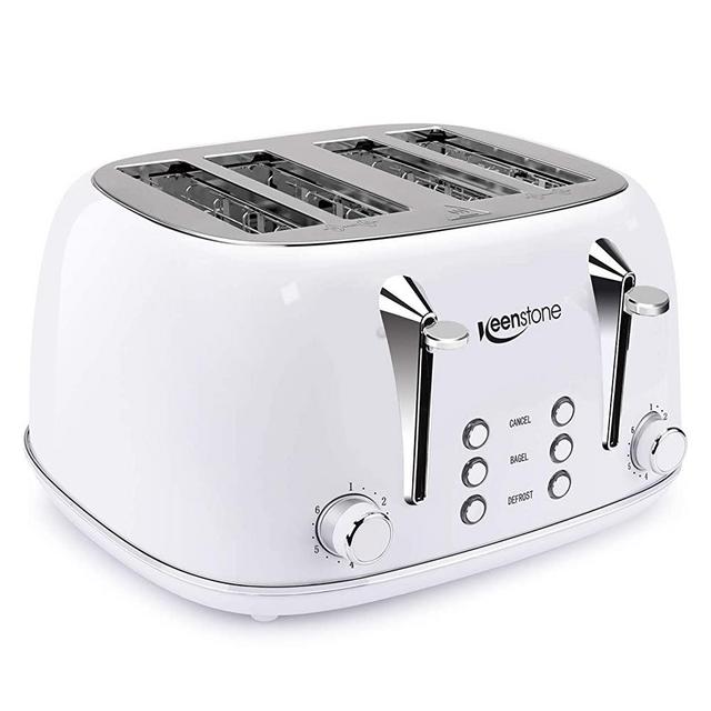 Toasters 4 Slice, Keenstone Retro Stainless Steel Bagel Toaster with 6 Browning Settings - White