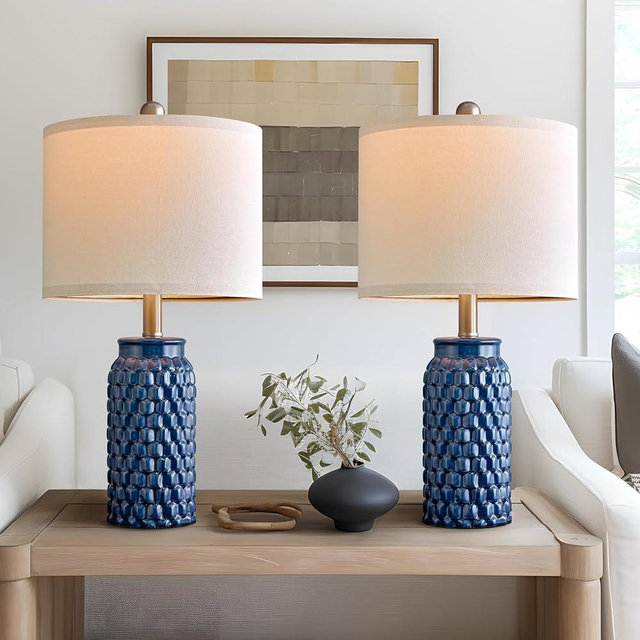 USumkky 20.5 inches Modern Ceramic Dark Blue Bedside Lamp Set of 2 for Bedroom Decor Farmhouse Table Lamp for Living Room Office Dorm