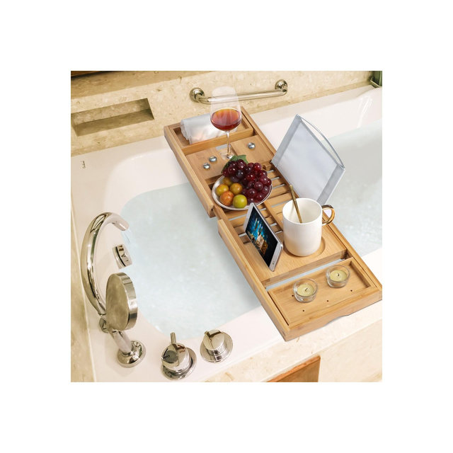 PiccoCasa Bamboo Extendable Adjustable Bathtub Bathroom Side Caddy Tray 40.2" x 8.9" x 1.6" Brown 1 Pc