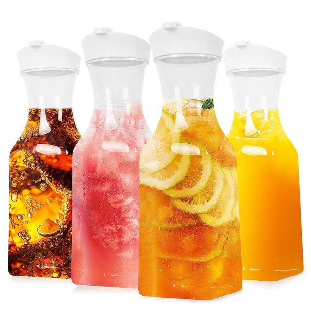 Set of 4 Plastic Carafe with Lid, 1 Liter Mimosa Bar Supplies, Large Square Base Juice Containers, Water Bottle, Milk Container, Clear Beverage Containers for Fridge