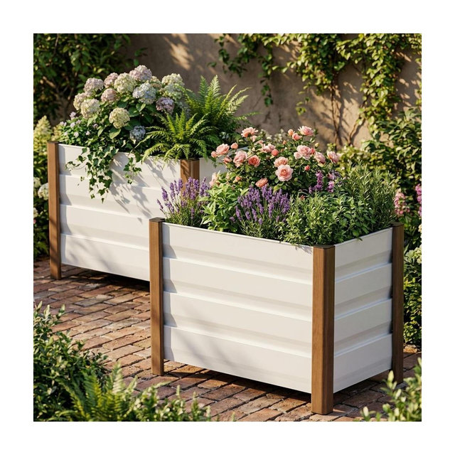 2 Pack 24x16x18 Inch Aluminum Planter Box, Modern Raised Garden Bed with Rounded Corners and Drainage Holes for Patio